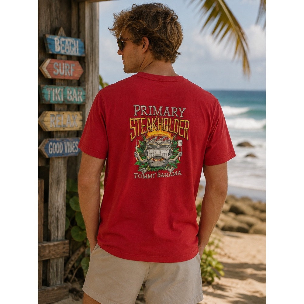 Tommy Bahama Mens XL Red Primary Steakholder Tiki Graphic T-Shirt Cotton BBQ
